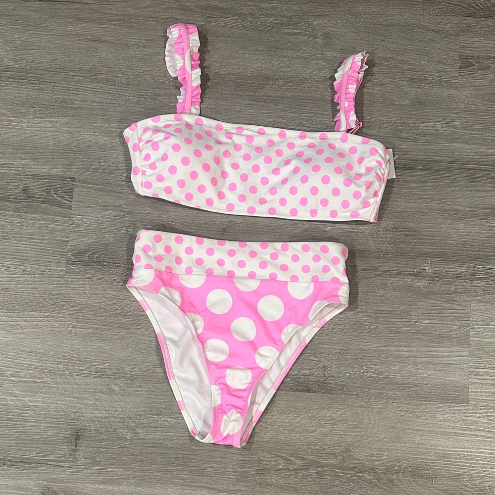 Pink Polka Dot high waisted bikini bandeau Set